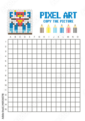 Copy the picture grid drawing worksheet for kids. Pixel art robot