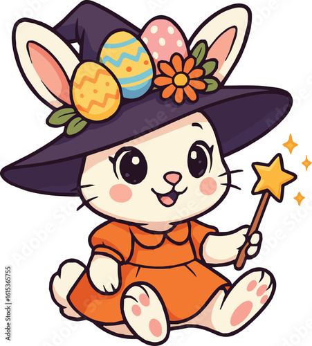 Easter day flat vector icon of witch bunny illustration for sticker, logo, book, t-shirt and more print or digital design 