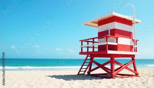 A classic red and white striped lifeguard tower stands tall on a sandy beach, overlooking a calm ocean under a clear blue sky Perfect for summer, vacation, and safety themes , calm, waves, structure