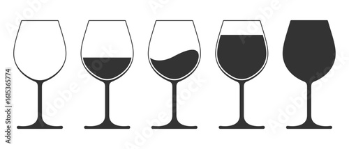 Wine glasses graphic icon set . Signs wine glasses with and without wine isolated on white background. Vector illustration