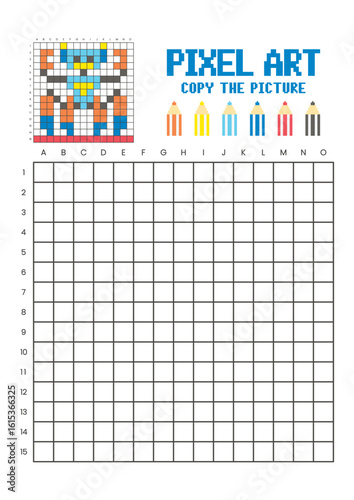 Copy the picture grid drawing worksheet for kids. Pixel art robot