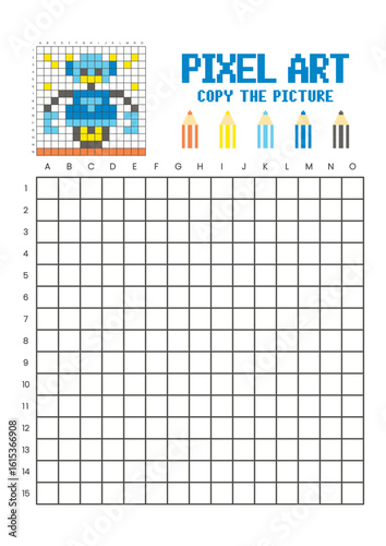Copy the picture grid drawing worksheet for kids. Pixel art robot