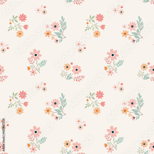 Seamless floral pattern. Background of small flowers for textiles, fabrics, cover, wallpaper, print, gift wrapping, postcard, scrapbooking. Vector illustration