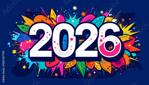 Colorful graphic design celebrating the new year 2026.