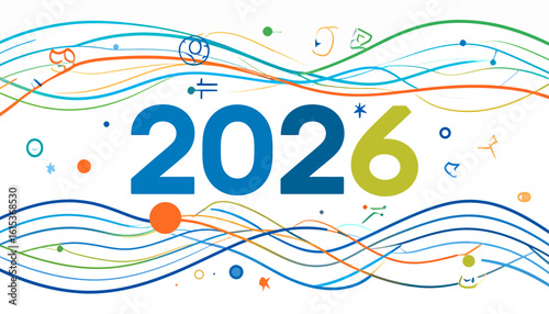 Colorful wavy lines and icons celebrate the arrival of 2026.