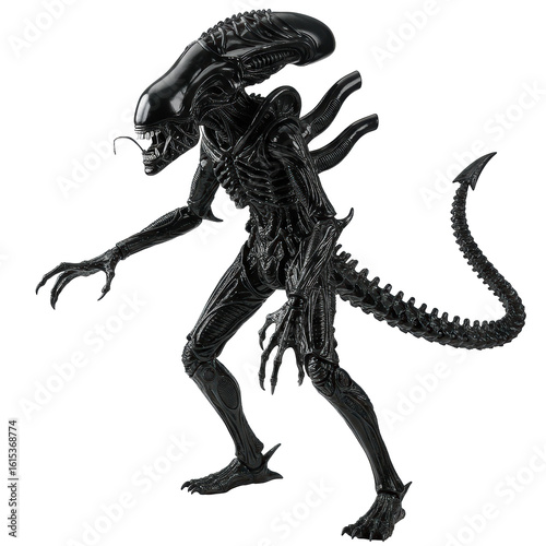Highly detailed, realistic xenomorph alien queen figurine with glossy black exoskeleton, sharp fangs, predatory stance, on pristine transparent studio background with soft even lighting, no