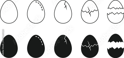 Vector art of a collection of egg illustrations showing the stages of cracking and hatching, perfect for adding a touch of life to any design project 
