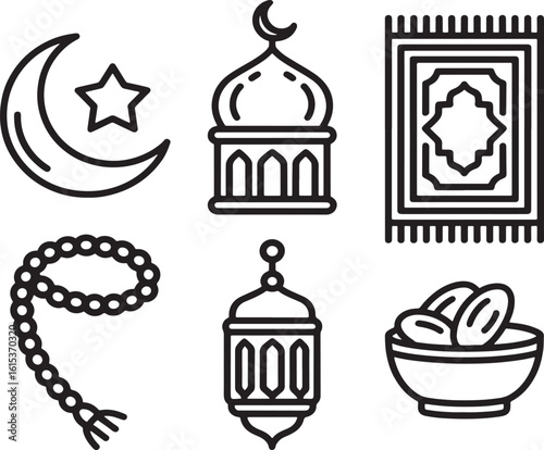 Minimal Islamic Festival Icons – Black and White Vector Set