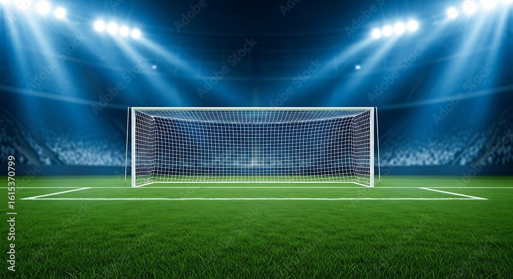 Fototapeta premium Soccer goal on green field under stadium lights grass
