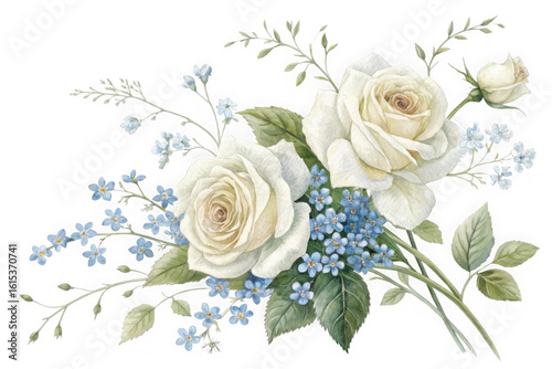 Fototapeta Naklejka Na Ścianę i Meble -  Elegant white roses and delicate blue flowers on black background