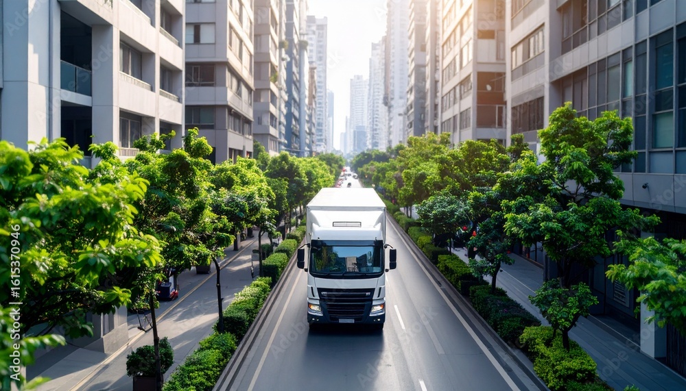Fototapeta premium Urban Freight Flow: A large truck navigates a modern city, gracefully traversing a tree-lined boulevard, with towering buildings forming a stunning backdrop.