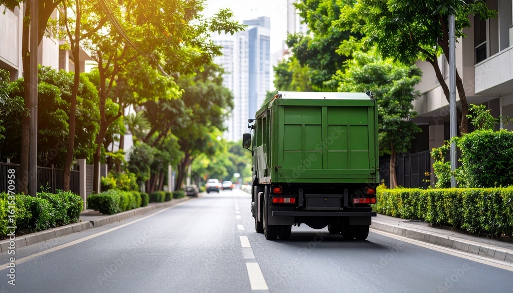 Obraz premium Green Truck on the Road: A sturdy green truck navigates a tree-lined avenue in the heart of the city, signifying waste management and environmental sustainability.
