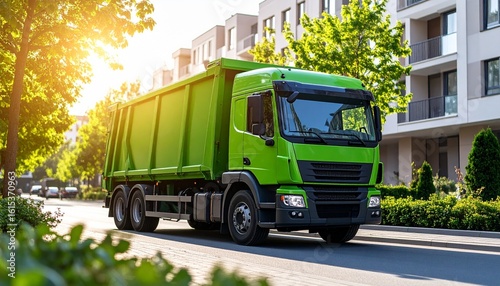 Green Garbage Truck in Urban Scene: A modern garbage truck cruises down a clean city street, its vibrant green body contrasting with the modern architecture and lush foliage.