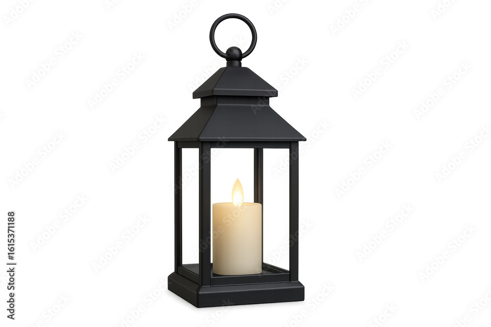 Black metal lantern containing an electronic candle illuminating a transparent background, perfect for adding a touch of warmth and ambiance Black metal lantern containing an electronic candle illuminating a transparent background, perfect for adding a touch of warmth and ambiance