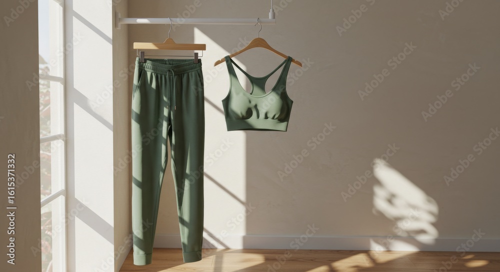 Fototapeta premium Green workout clothes hanging on wooden hangers indoors, showcasing activewear, sports fashion, exercise attire, and fitness apparel in a bright, minimalist space