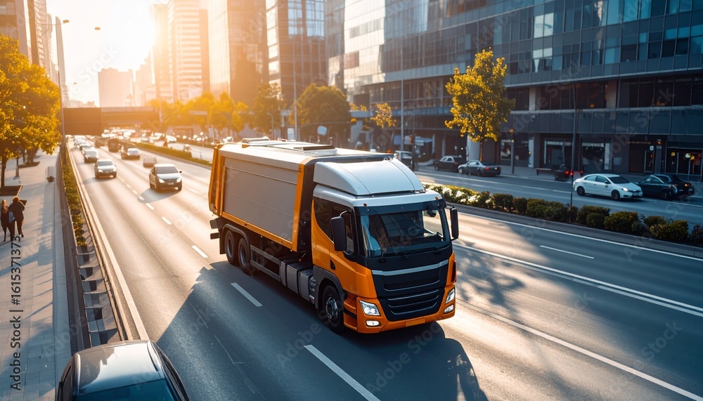 Fototapeta premium Truck on the city highway: An impressive truck navigates a bustling city highway, its presence a vital part of urban logistics and transport. The city’s architecture and energy combine.