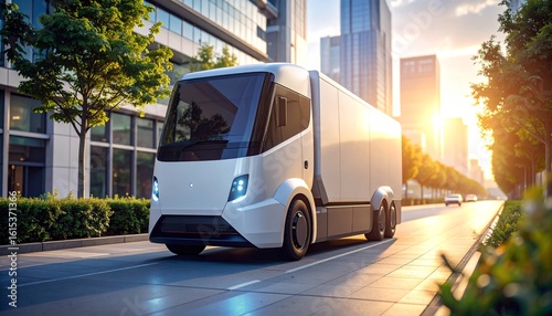 Modern Transportation: A sleek, futuristic truck travels down an urban avenue, its design blending seamlessly with the modern architecture and the vibrant city surroundings.