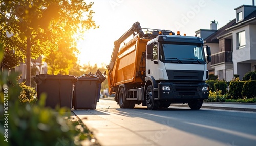 Street Side Garbage Collection: A waste removal truck diligently collecting waste from the roadside in a residential area, ensuring a clean and organized environment.
