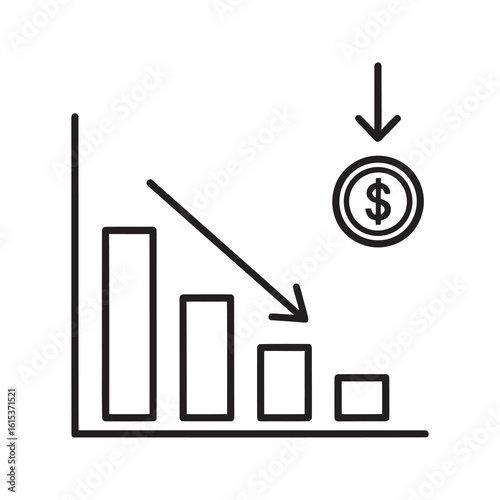 Financial decrease icon with bar chart and downward arrow with dollar coin representing economic recession business loss and investment decline line vector stroke