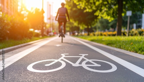 Bicycling Journey: A cyclist glides effortlessly along a dedicated bicycle lane, the sun casting a warm glow on the asphalt. The image captures the spirit of urban mobility and the joy of cycling.