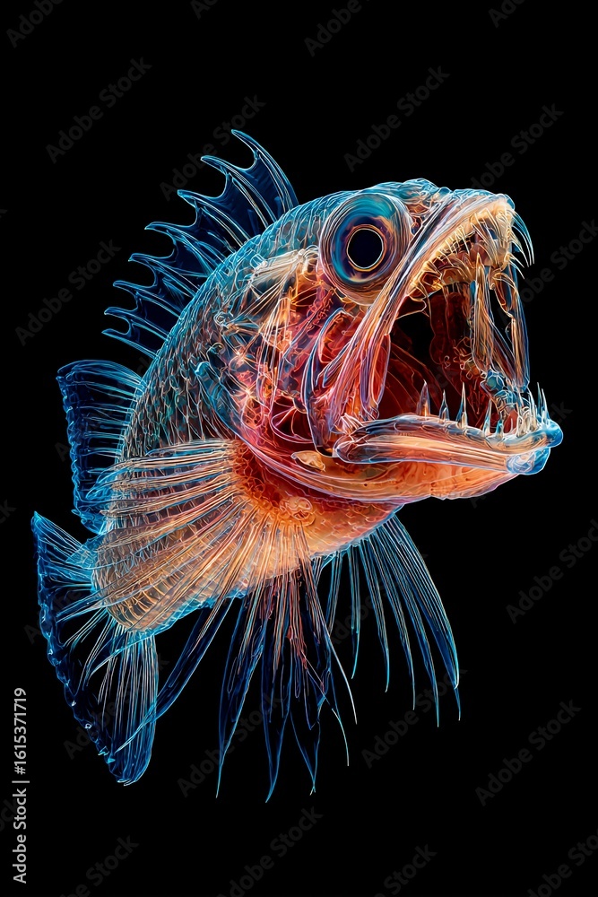 Fototapeta premium Intricate details of a colorful, transparent fish reveal its unique skeletal structure and sharp teeth. This fascinating subject highlights the wonders of marine biology and deep sea life