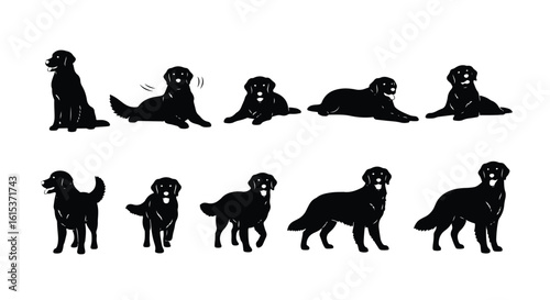 Vector silhouette illustration silhouettes of dogs, one lying down and one standing, isolated on white background