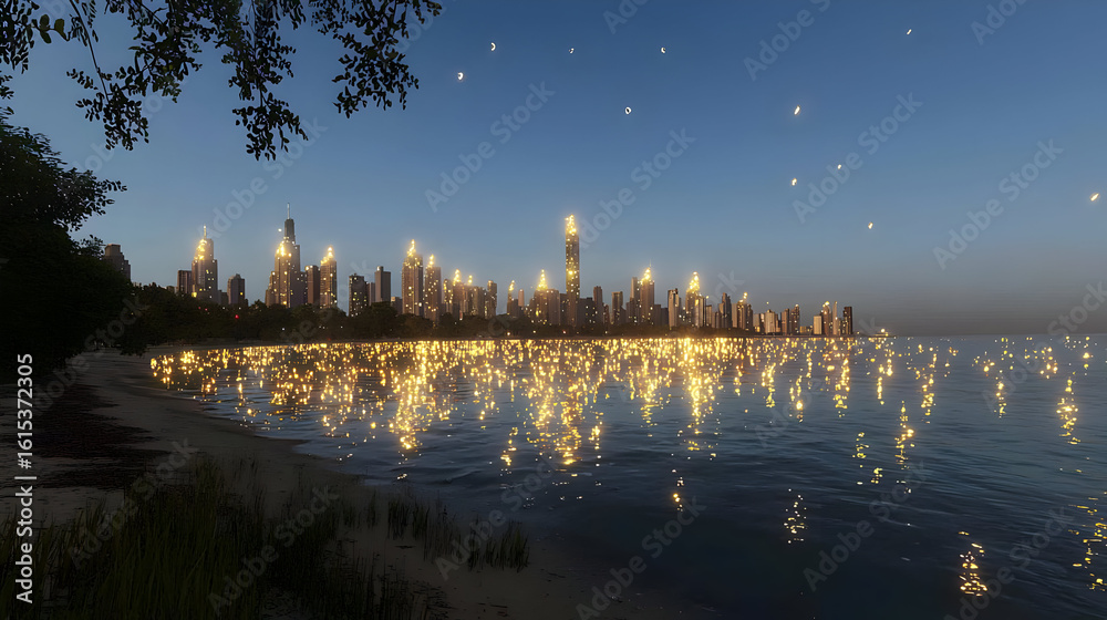 Fototapeta premium City skyline reflected on calm water at twilight. Trees line the shore. Warm golden lights reflect on the water's surface. Stars are scattered across the twilight sky