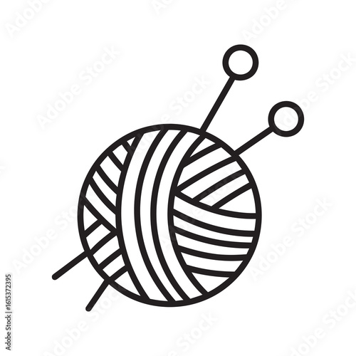 Knitting icon with ball of yarn and needles representing a hobby craft handmade products and the textile creation process line vector stroke