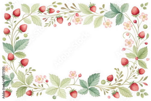 Watercolor strawberry border with leaves and flowers on black background
