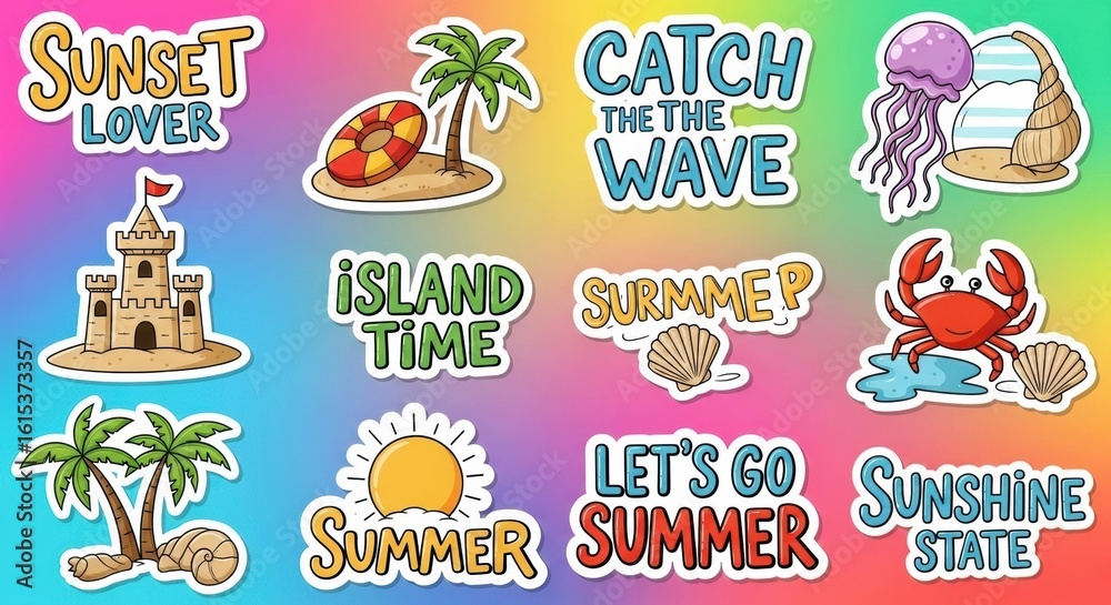 Fototapeta premium Vibrant sticker collection evoking feelings of summer vacation and beach relaxation, designed with