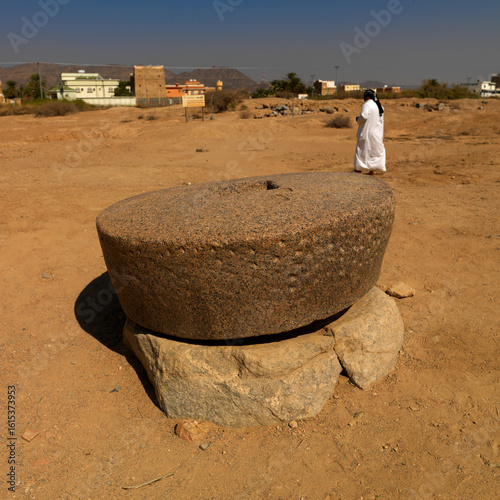 Al Ukhdud Archeological site stone grinder, Najran Province, Najran, Saudi Arabia
