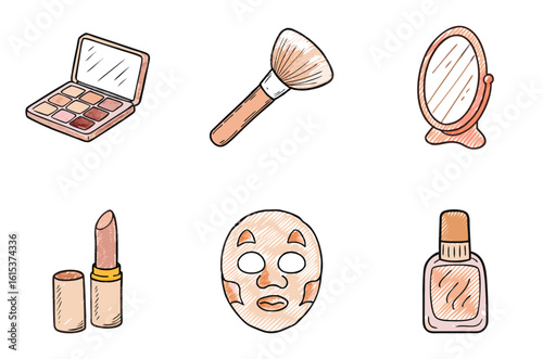Hand-drawn beauty icons set: eyeshadow palette, makeup brush, mirror, lipstick, sheet mask, and perfume bottle. Perfect for skincare, cosmetics branding, spa services, and beauty product design.