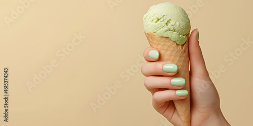 Elegant female hand with pastel manicure holding pistachio ice cream