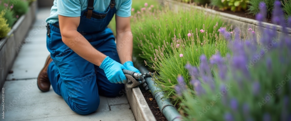 Gardener Tending to Lavender Plants Gardener Tending to Lavender Plants