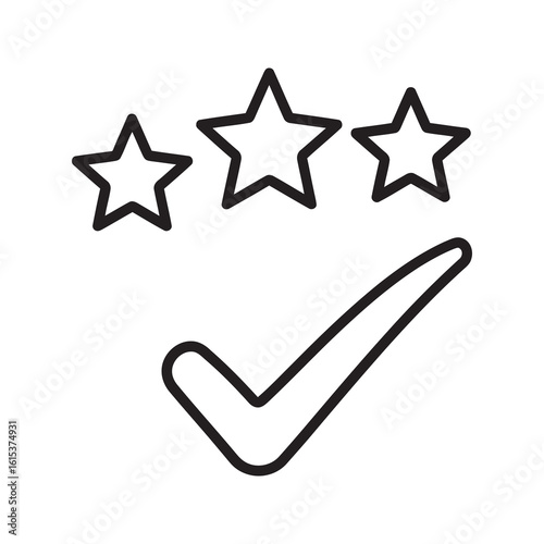 Quality check icon with three stars and a large checkmark representing top rating excellent review and customer satisfaction approval line vector stroke