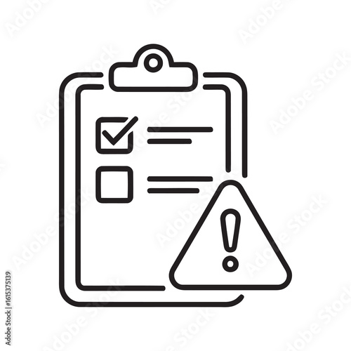 Warning checklist icon with clipboard and exclamation mark in a triangle representing risk assessment safety notice and error report line vector stroke