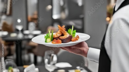 A waiter gracefully presents a plate of gourmet food in an elegant restaurant setting, showcasing culinary artistry and refined dining.