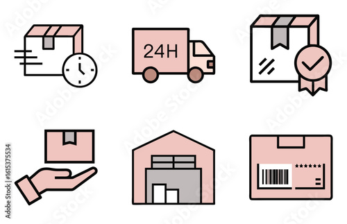 Flat line icon set for delivery and logistics: express shipping box with clock, 24h truck, parcel with check mark, hand holding package, warehouse building, and box with barcode. Modern outline design