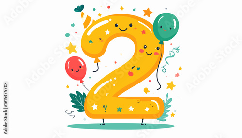 Cheerful number two balloon celebrates a birthday with party balloons and confetti.