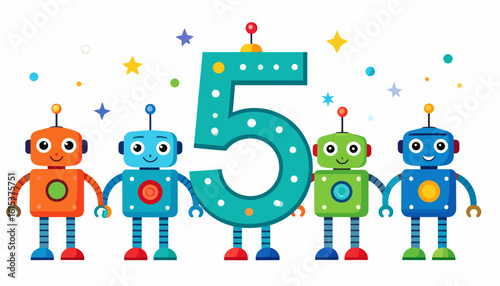 Colorful cartoon robots surrounding the number five, a celebration of the fifth birthday.
