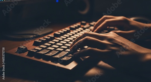 Schilderij op canvas Warmly Lit Hands Typing on a Wooden Keyboard at Night.