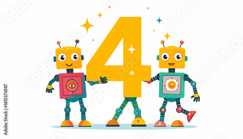 Two friendly robots hold up the number four, celebrating a milestone.