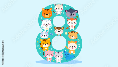 Number eight formed by cute cartoon animal faces, including tigers, bears, and hamsters, on a light blue background with small stars.