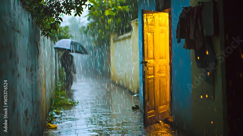 Rainy alleyway, a person with an umbrella, warm light from a doorway