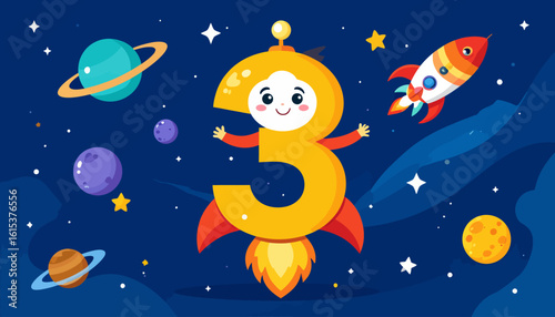 A whimsical illustration featuring a smiling number three character soaring through space with a rocket.