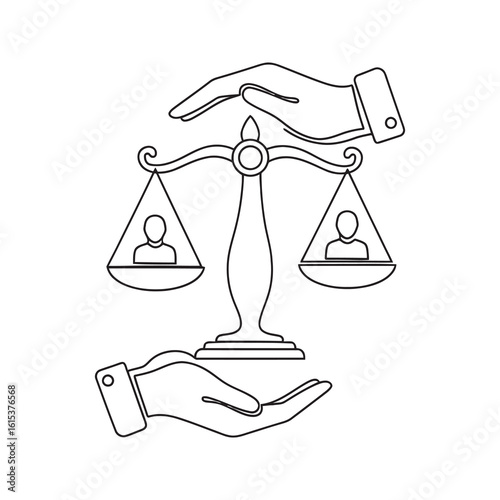 Justice balance scale icon held by hands representing law fairness and equality showing legal decision and human rights protection symbol concept line vector stroke