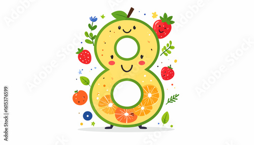 Cartoon number eight with a fruity design, featuring strawberries, oranges, blueberries, flowers, and leaves, all set against a white background.