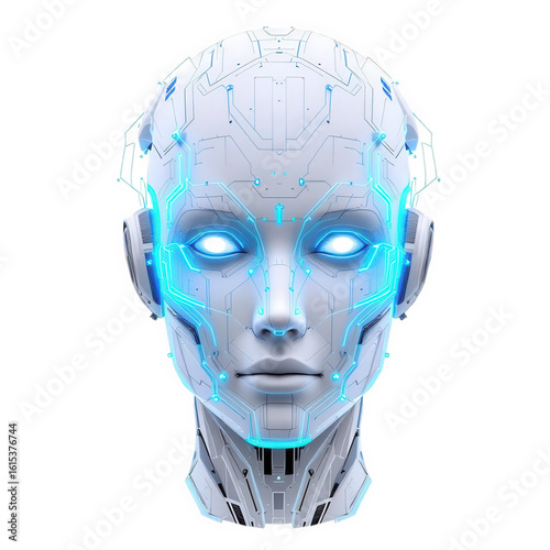 Close up of a futuristic white robot head with glowing blue lights on a black background