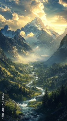Mountain River Flowing Through Forest Valley at Sunset