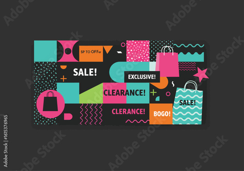 A vibrant geometric sale design features shopping bags, bold shapes, and promotional text, creating a modern and eyecatching background
